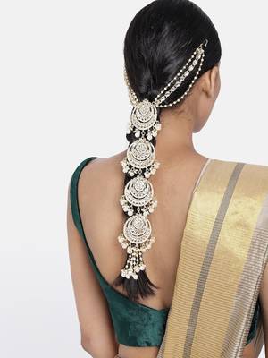 Gold-Plated Metal Traditional Floral Kundan Pearl Studded Beaded Head Chain/Paranda  1
