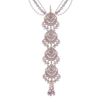 Gold-Plated Metal Traditional Floral Kundan Pearl Studded Beaded Head Chain/Paranda  2