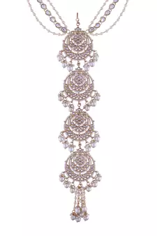 Gold-Plated Metal Traditional Floral Kundan Pearl Studded Beaded Head Chain/Paranda 