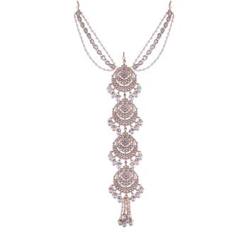Gold-Plated Metal Traditional Floral Kundan Pearl Studded Beaded Head Chain/Paranda  3