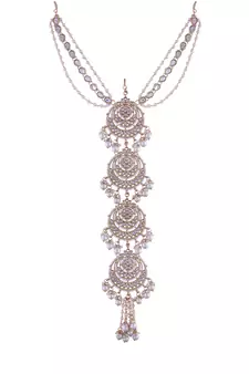 Gold-Plated Metal Traditional Floral Kundan Pearl Studded Beaded Head Chain/Paranda 