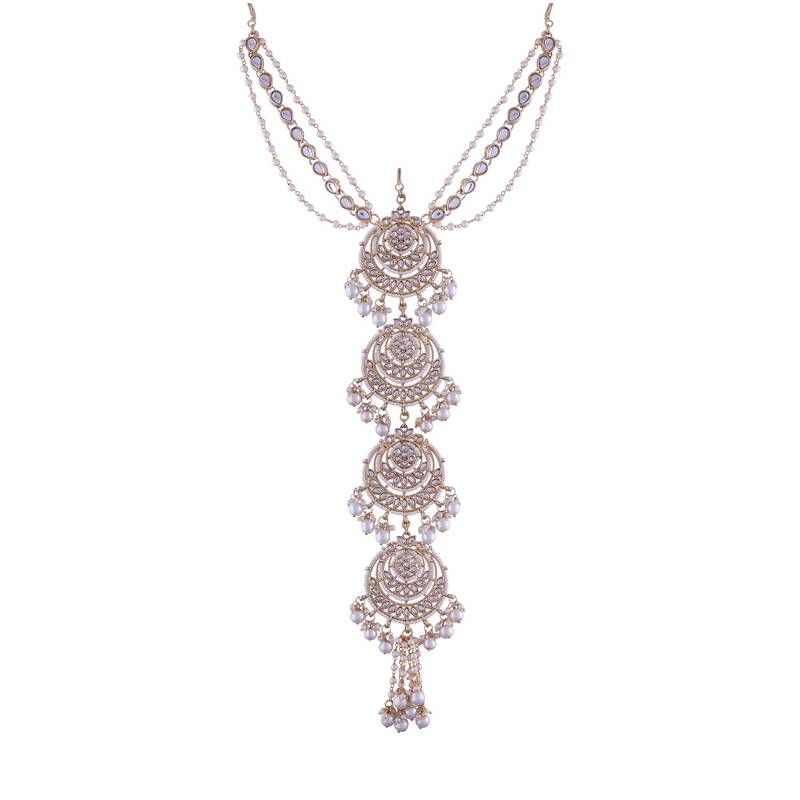 Gold-Plated Metal Traditional Floral Kundan Pearl Studded Beaded Head Chain/Paranda 