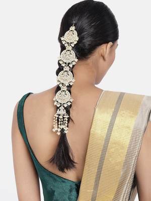 Gold-Plated Metal Traditional Floral Kundan Pearl Studded Beaded Head Chain/Paranda  1
