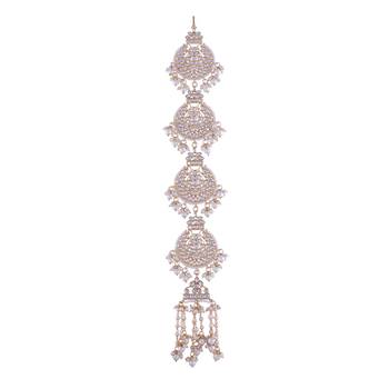 Gold-Plated Metal Traditional Floral Kundan Pearl Studded Beaded Head Chain/Paranda  2