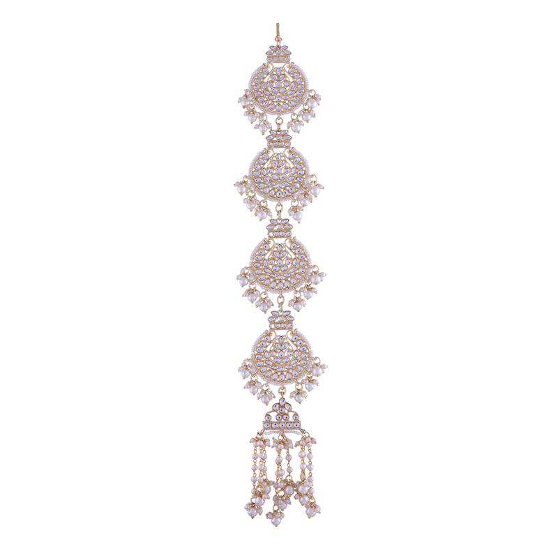 Gold-Plated Metal Traditional Floral Kundan Pearl Studded Beaded Head Chain/Paranda 
