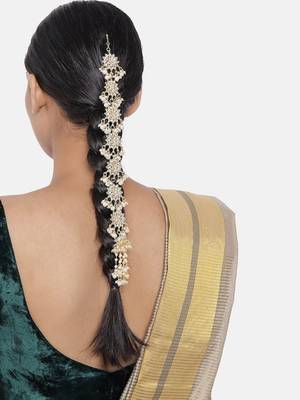 Gold-Plated Metal Traditional Floral Kundan Pearl Studded Beaded Head Chain/Paranda  1