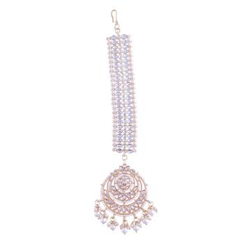 Gold Plated Traditional Kundan Pearl Chandbali Bridal Stylish Maang Tikka for Women  2
