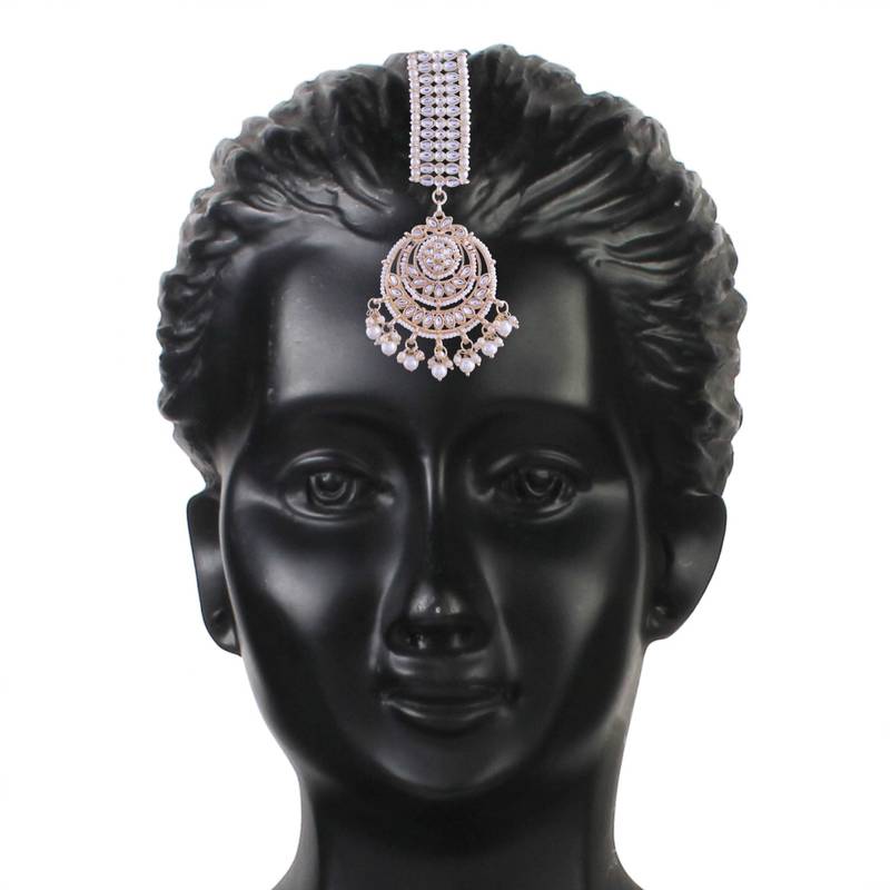 Gold Plated Traditional Kundan Pearl Chandbali Bridal Stylish Maang Tikka for Women 