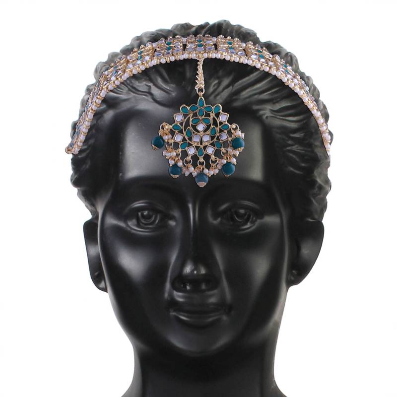 Gold Plated Metal Traditional Floral Kundan Pearl Studded Rajasthani Sheeshphool/Mathapatti for Women 