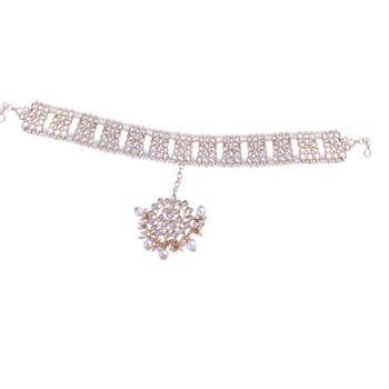 Gold Plated Metal Traditional Floral Kundan Pearl Studded Rajasthani Sheeshphool/Mathapatti for Women  1