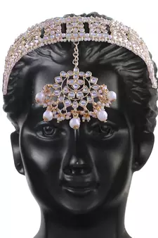 Gold Plated Metal Traditional Floral Kundan Pearl Studded Rajasthani Sheeshphool/Mathapatti for Women 