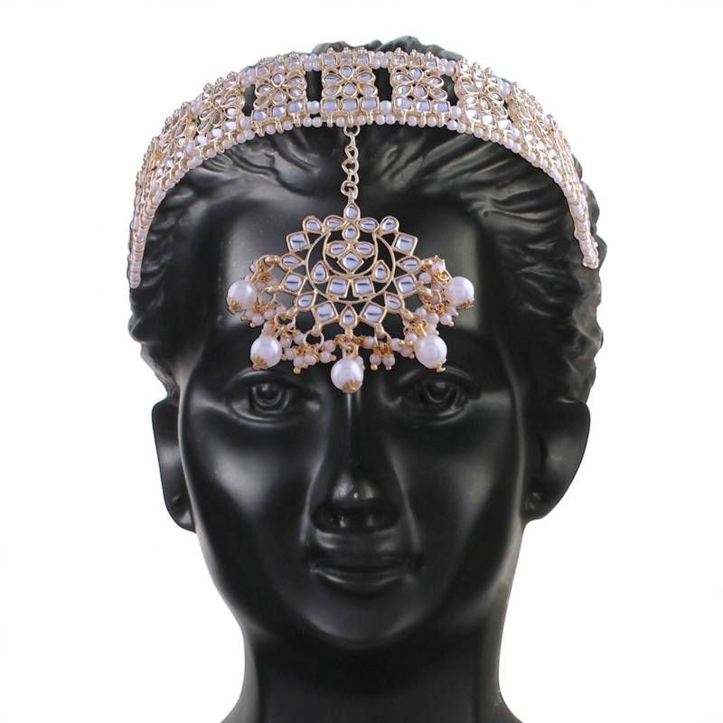 Gold Plated Metal Traditional Floral Kundan Pearl Studded Rajasthani Sheeshphool/Mathapatti for Women 