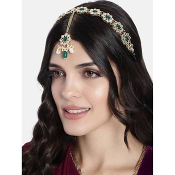 Gold Plated Metal Traditional Floral Kundan Pearl Studded Rajasthani Sheeshphool/Mathapatti for Women  1