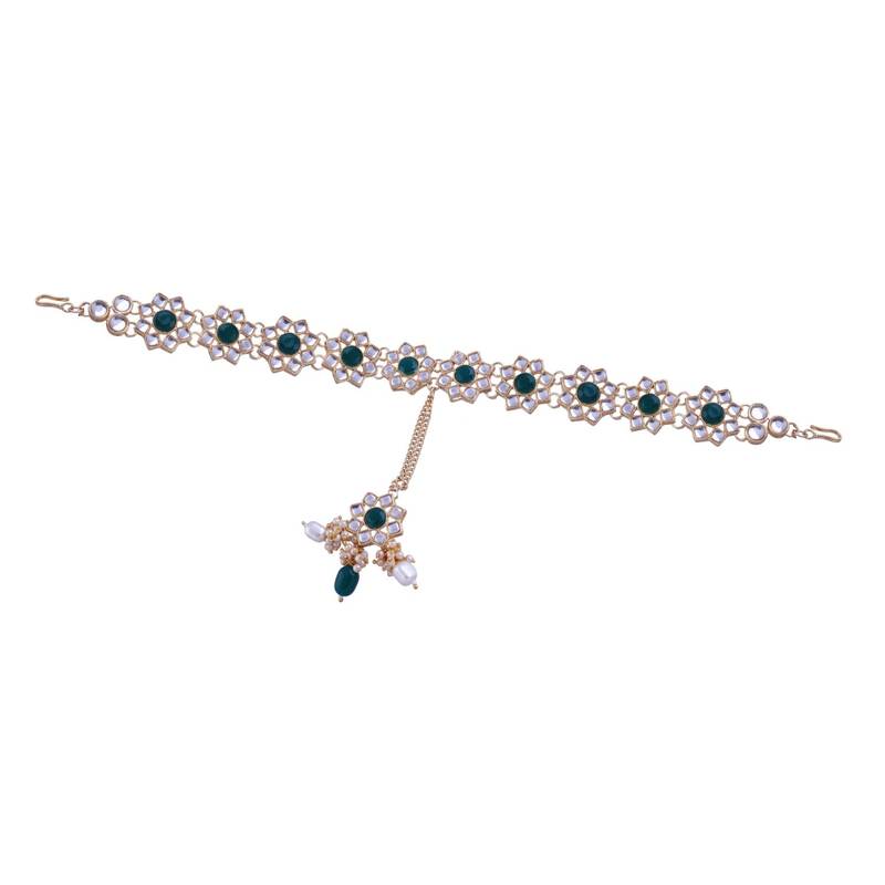 Gold Plated Metal Traditional Floral Kundan Pearl Studded Rajasthani Sheeshphool/Mathapatti for Women 