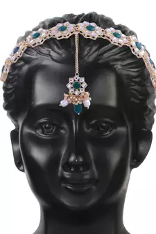 Gold Plated Metal Traditional Floral Kundan Pearl Studded Rajasthani Sheeshphool/Mathapatti for Women 