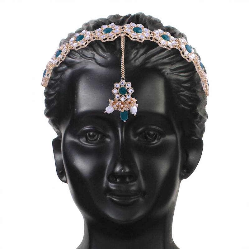 Gold Plated Metal Traditional Floral Kundan Pearl Studded Rajasthani Sheeshphool/Mathapatti for Women 