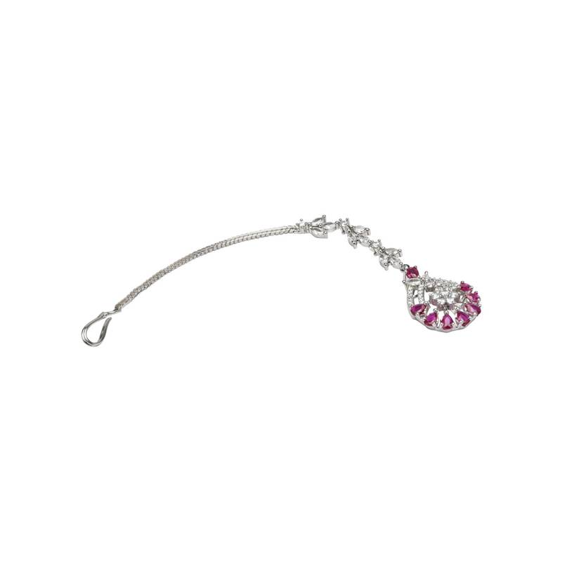 Valentine's Special Silver Plated Beautiful AD & CZ Studded Crystal Maang Tikka for Women and Girls 