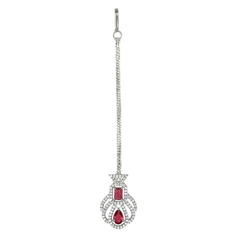 Valentine's Special Silver Plated Beautiful AD & CZ Studded Crystal Maang Tikka for Women and Girls 