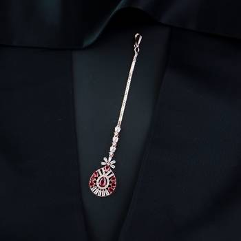 Valentine's Special Rose Pink Beautiful AD & CZ Studded Crystal Maang Tikka for Women and Girls T2109Q 1
