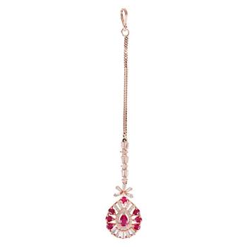 Valentine's Special Rose Pink Beautiful AD & CZ Studded Crystal Maang Tikka for Women and Girls T2109Q 2