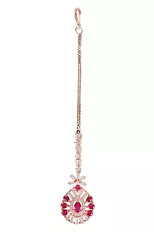 Valentine's Special Rose Pink Beautiful AD & CZ Studded Crystal Maang Tikka for Women and Girls T2109Q