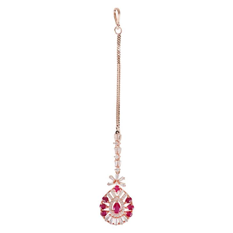 Valentine's Special Rose Pink Beautiful AD & CZ Studded Crystal Maang Tikka for Women and Girls T2109Q