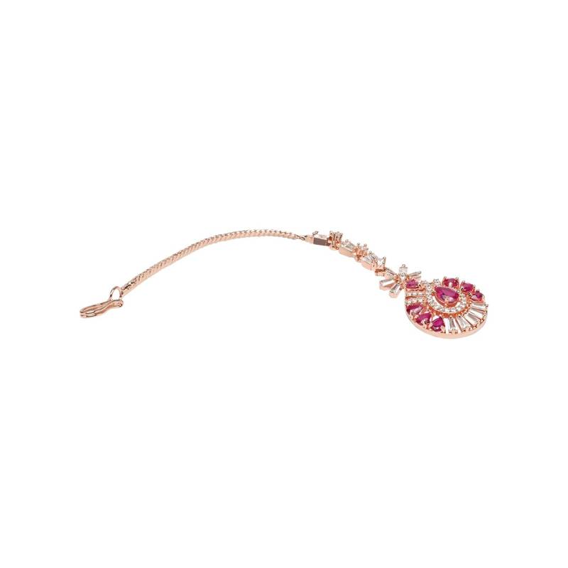 Valentine's Special Rose Pink Beautiful AD & CZ Studded Crystal Maang Tikka for Women and Girls T2109Q
