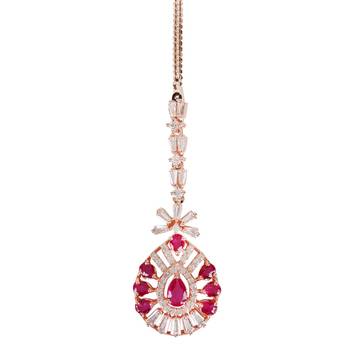 Valentine's Special Rose Pink Beautiful AD & CZ Studded Crystal Maang Tikka for Women and Girls T2109Q 4