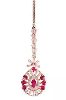 Valentine's Special Rose Pink Beautiful AD & CZ Studded Crystal Maang Tikka for Women and Girls T2109Q
