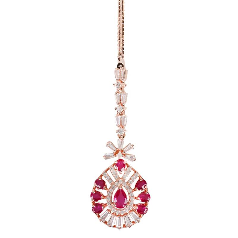 Valentine's Special Rose Pink Beautiful AD & CZ Studded Crystal Maang Tikka for Women and Girls T2109Q