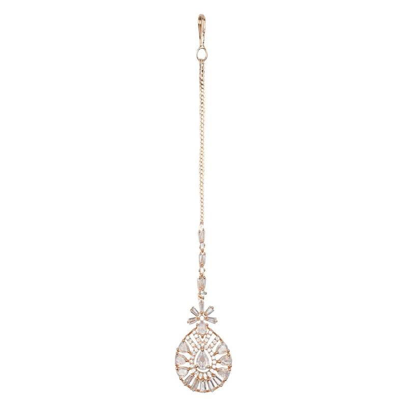 Valentine's Special Rose Gold Plated Beautiful AD & CZ Studded Crystal Maang Tikka for Women and Girls T2109RG