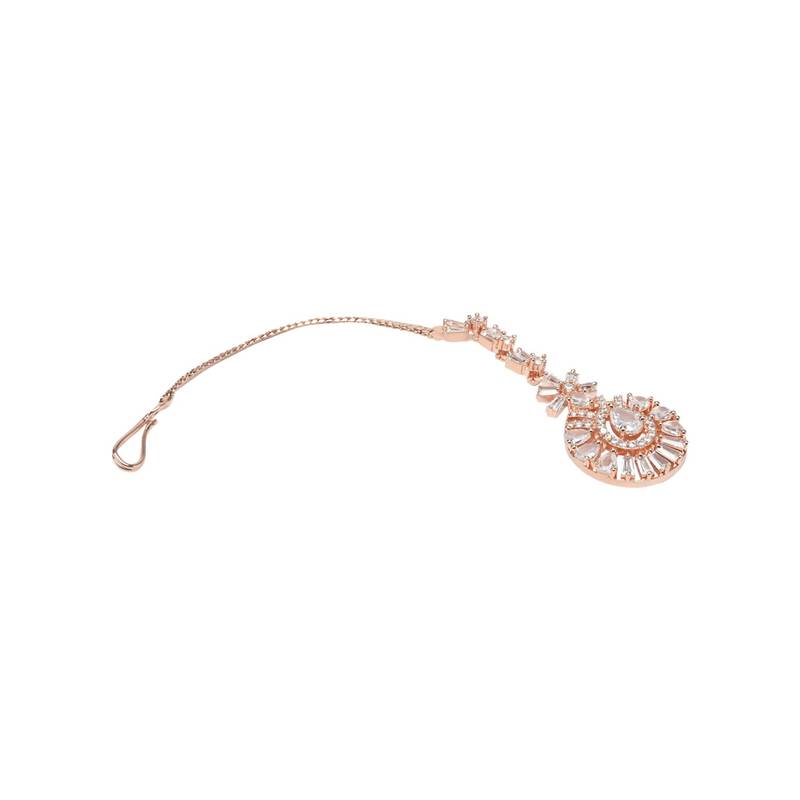 Valentine's Special Rose Gold Plated Beautiful AD & CZ Studded Crystal Maang Tikka for Women and Girls T2109RG