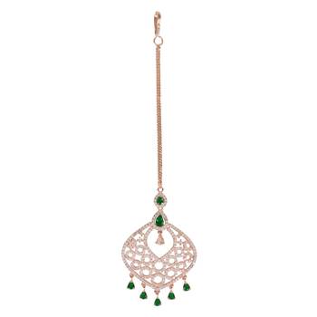 Valentine's Special Rose  Green Beautiful AD & CZ Studded Crystal Maang Tikka for Women and Girls  2