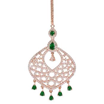 Valentine's Special Rose  Green Beautiful AD & CZ Studded Crystal Maang Tikka for Women and Girls  4