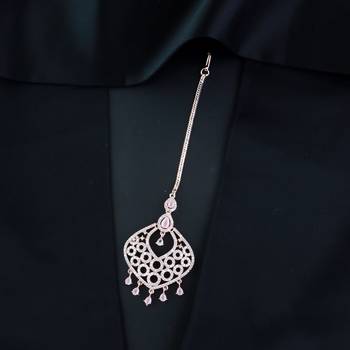 Valentine's Special Rose Pink Beautiful AD & CZ Studded Crystal Maang Tikka for Women and Girls  1