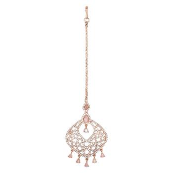 Valentine's Special Rose Pink Beautiful AD & CZ Studded Crystal Maang Tikka for Women and Girls  2