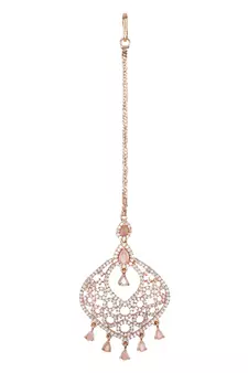 Valentine's Special Rose Pink Beautiful AD & CZ Studded Crystal Maang Tikka for Women and Girls 