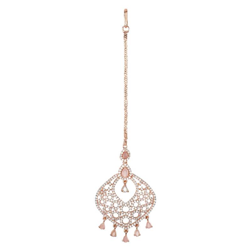 Valentine's Special Rose Pink Beautiful AD & CZ Studded Crystal Maang Tikka for Women and Girls 