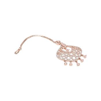 Valentine's Special Rose Pink Beautiful AD & CZ Studded Crystal Maang Tikka for Women and Girls  3