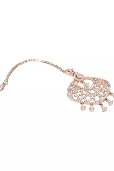 Valentine's Special Rose Pink Beautiful AD & CZ Studded Crystal Maang Tikka for Women and Girls 