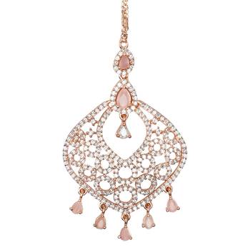 Valentine's Special Rose Pink Beautiful AD & CZ Studded Crystal Maang Tikka for Women and Girls  4