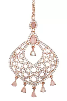 Valentine's Special Rose Pink Beautiful AD & CZ Studded Crystal Maang Tikka for Women and Girls 