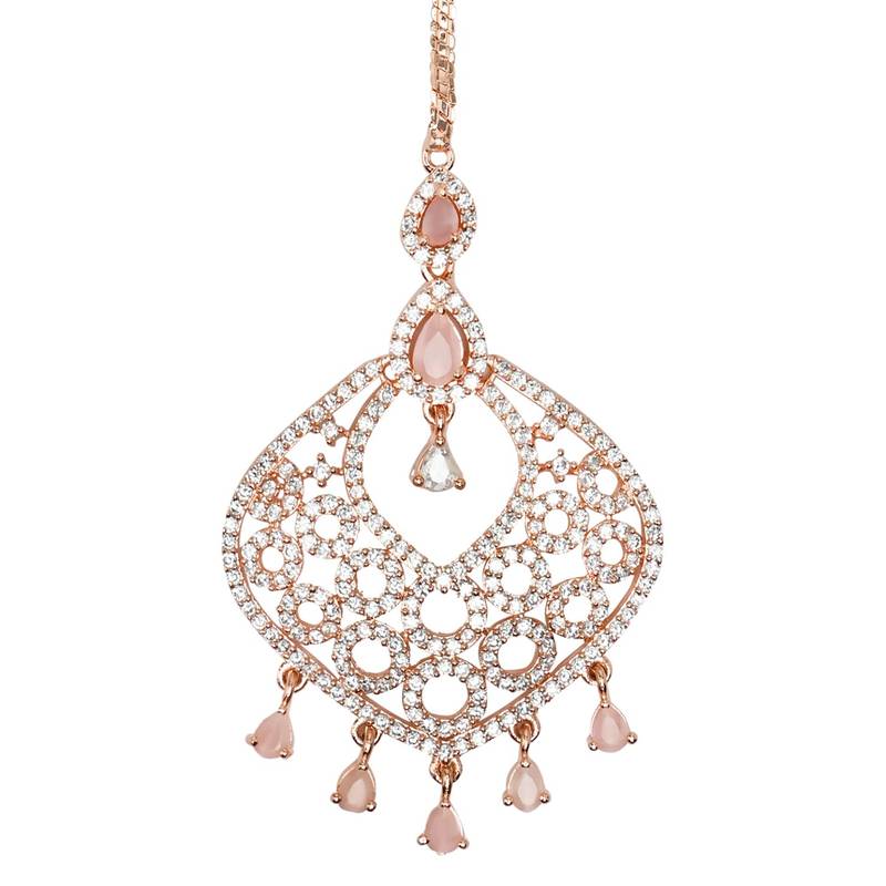 Valentine's Special Rose Pink Beautiful AD & CZ Studded Crystal Maang Tikka for Women and Girls 