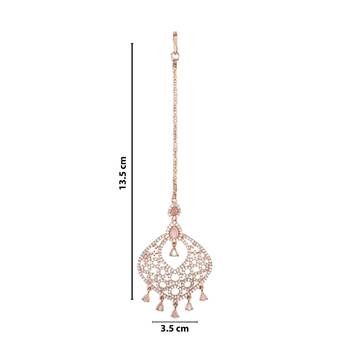 Valentine's Special Rose Pink Beautiful AD & CZ Studded Crystal Maang Tikka for Women and Girls  5
