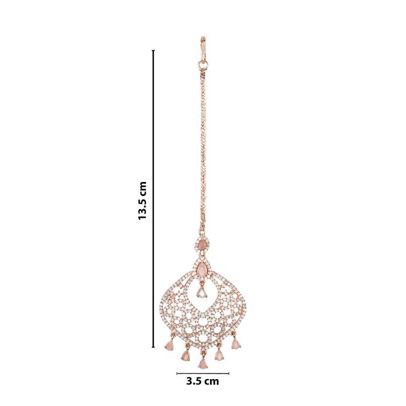 Valentine's Special Rose Pink Beautiful AD & CZ Studded Crystal Maang Tikka for Women and Girls 