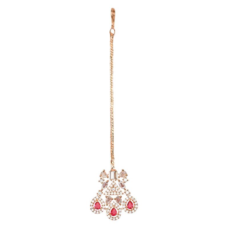 Valentine's Special Rose  Pink Beautiful AD & CZ Studded Crystal Maang Tikka for Women and Girls 
