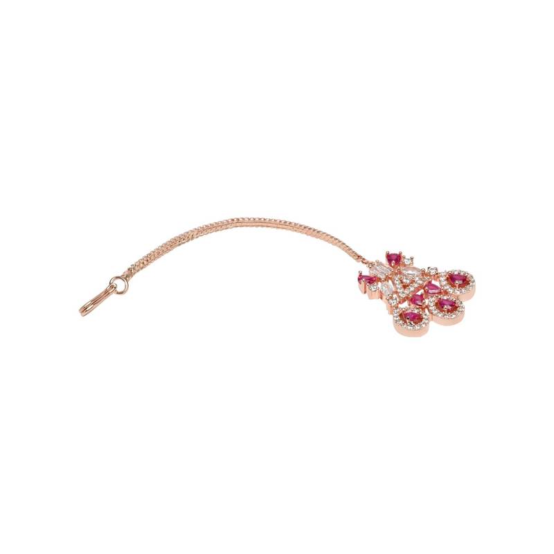 Valentine's Special Rose  Pink Beautiful AD & CZ Studded Crystal Maang Tikka for Women and Girls 