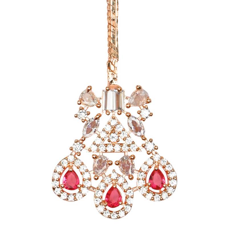 Valentine's Special Rose  Pink Beautiful AD & CZ Studded Crystal Maang Tikka for Women and Girls 
