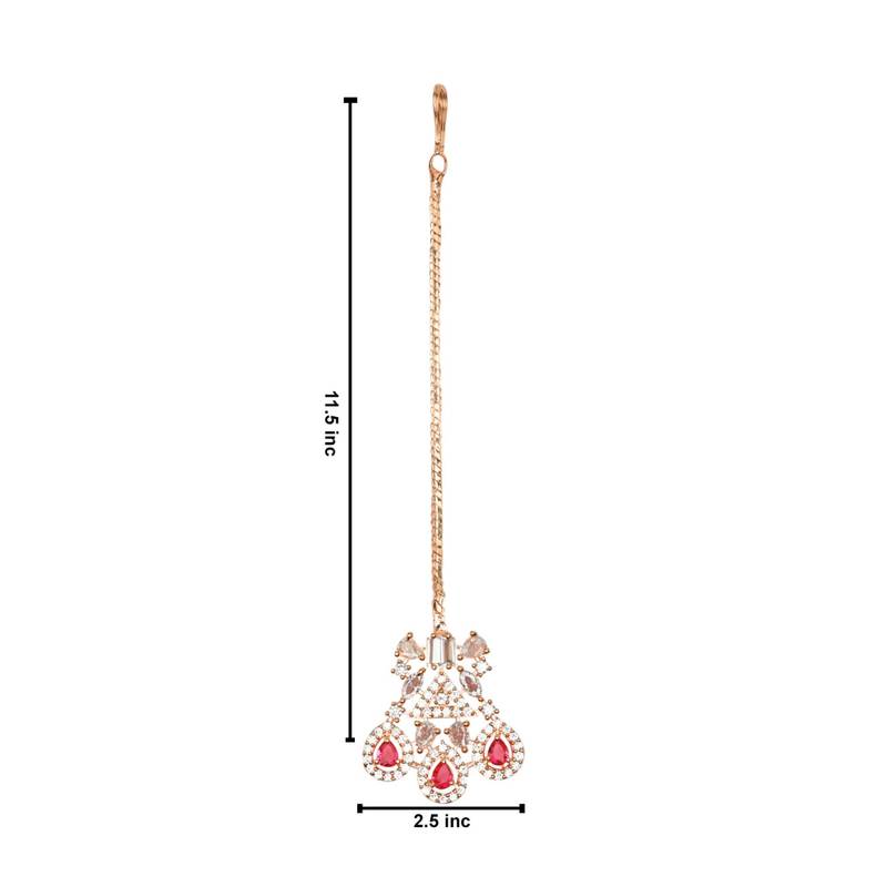 Valentine's Special Rose  Pink Beautiful AD & CZ Studded Crystal Maang Tikka for Women and Girls 
