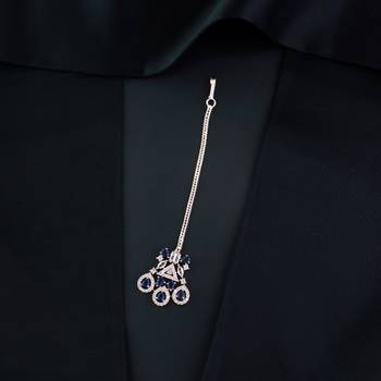 Valentine's Special Rose Gold Blue Beautiful AD & CZ Studded Crystal Maang Tikka for Women and Girls  1